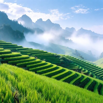 Terraced Rice Fields in Misty Mountains