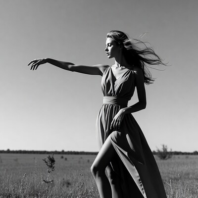 Woman in flowing dress in field