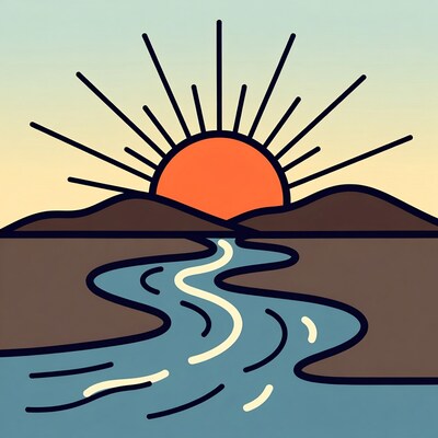 Sunset over river and mountains illustration