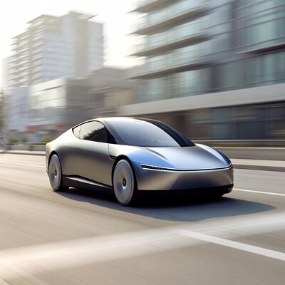 Futuristic Silver Sports Car Speeding City