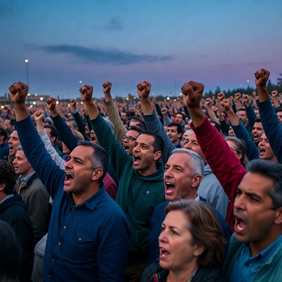 Crowd raising fists at dusk rally