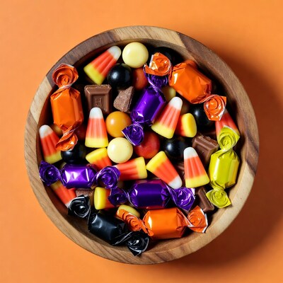 Wooden bowl of Halloween candy