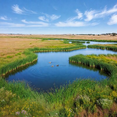 Ducks swimming in marsh pond