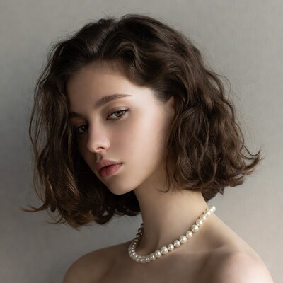 Woman with wavy brown hair and pearl necklace