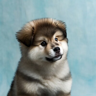 Fluffy Husky Puppy on Blue Background