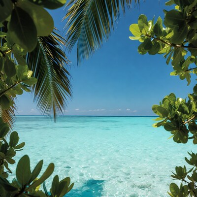 Turquoise Ocean Framed by Palm Leaves