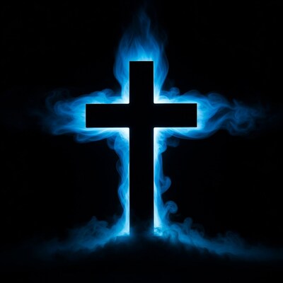 Blue Flaming Cross on Black