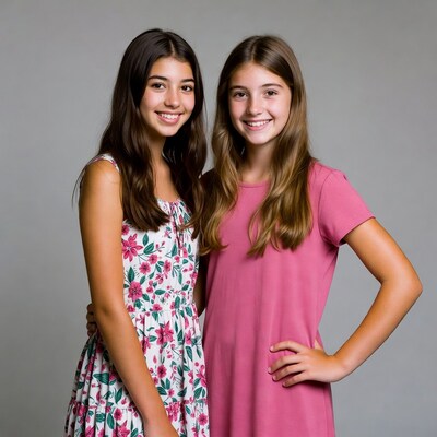 Two smiling teenage girls posing together