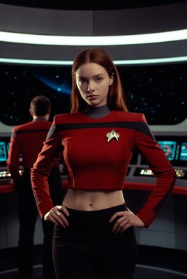 Redhead Woman in Star Trek Uniform on Bridge