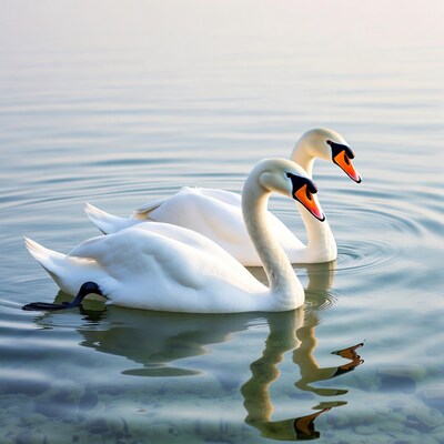Two white swans swimming on lake