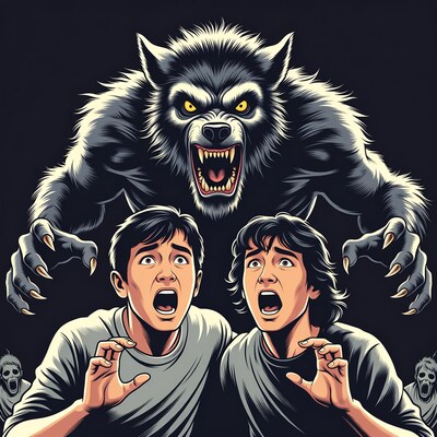 Werewolf terrifying two scared Asian boys