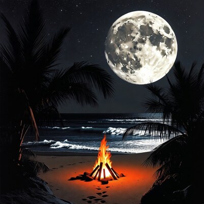 Beach Bonfire Under Full Moon
