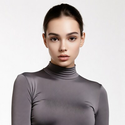 Young woman in gray turtleneck