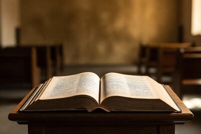 Open Bible on wooden pulpit