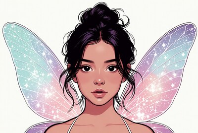 Asian woman with colorful fairy wings