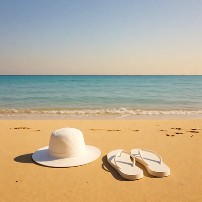 White sun hat and flip flops on beach