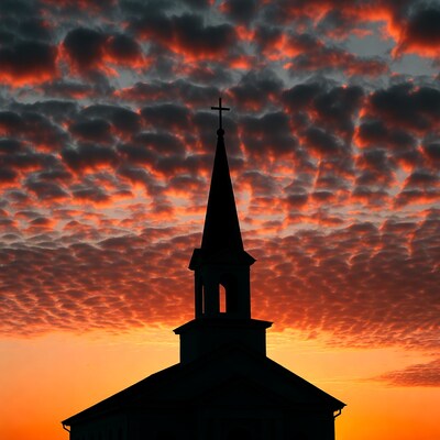 Church silhouette against sunset sky