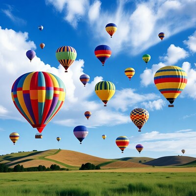 Colorful hot air balloons over green hills