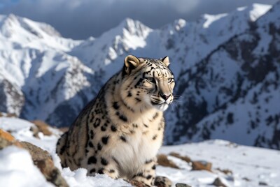 Snow Leopard on snowy mountains