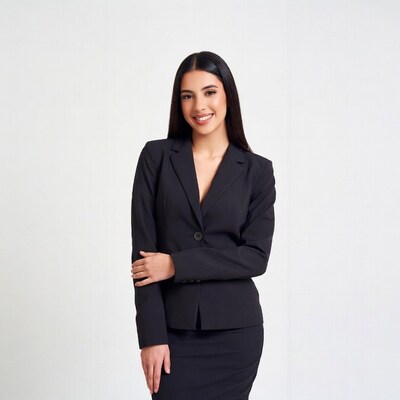 Smiling woman in black blazer suit