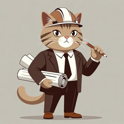 Cat Architect in Suit Holding Blueprints