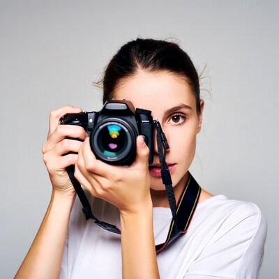 Woman peering through camera lens