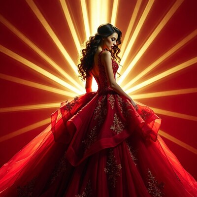 Woman in red gown with golden rays