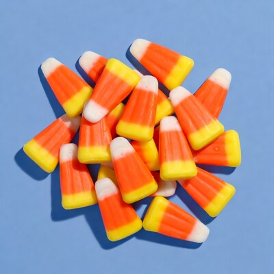 Candy corn pile on blue background