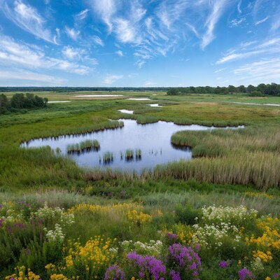 Marshland with ponds and wildflowers