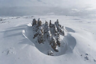 Snowy rock spires in winter landscape