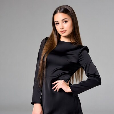 Young woman in black satin dress
