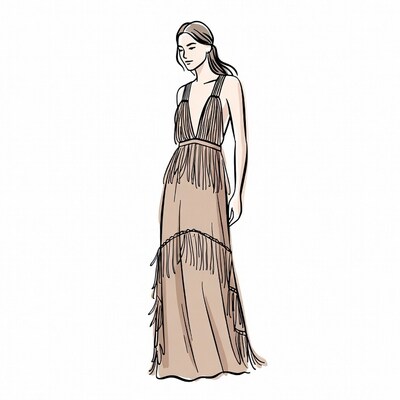 Woman in fringed evening gown illustration