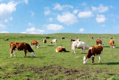 Herd of Holstein cows grazing green pasture