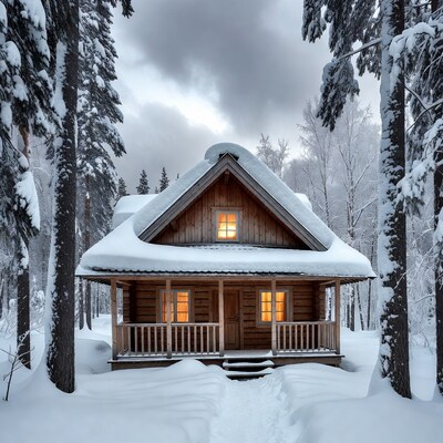 Snowy Log Cabin in Forest