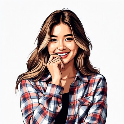 Smiling Asian woman in plaid shirt