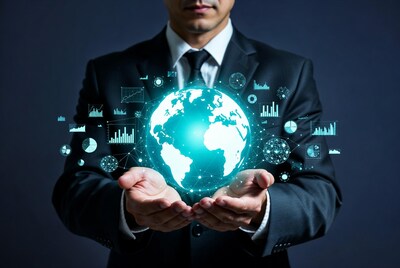 Businessman holding digital globe with charts