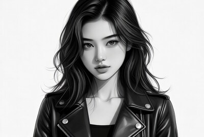 Asian woman in leather jacket illustration