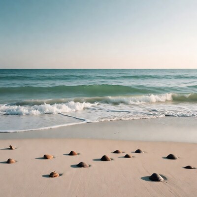 Seashells on beach with waves