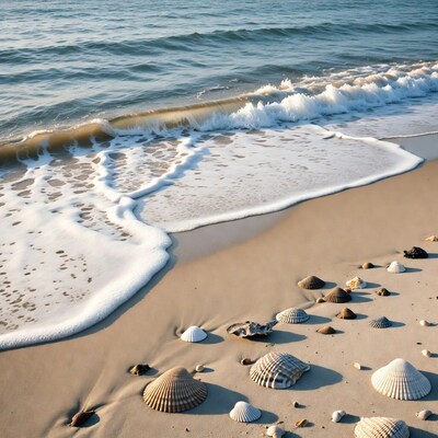 Seashells on beach with waves