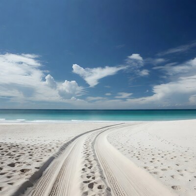 Footprints and tire tracks on beach