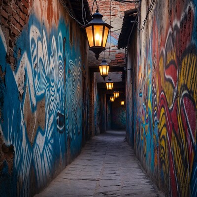 Graffiti-Lined Alley with Lanterns