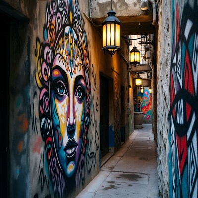 Colorful Woman Graffiti in Narrow Alley