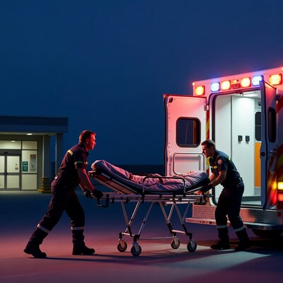 Paramedics wheeling patient into ambulance