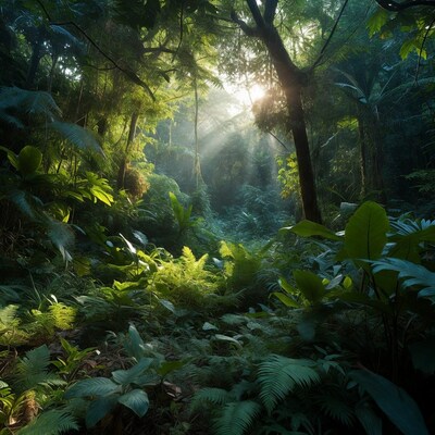 Sunlight Rays in Lush Tropical Rainforest