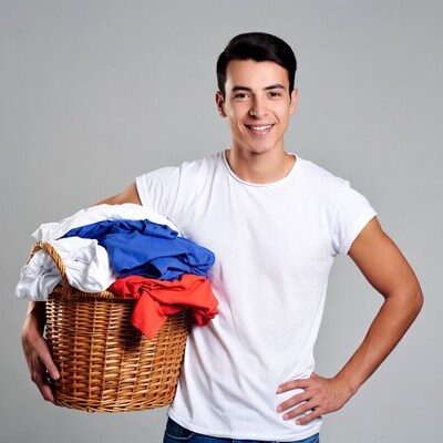 Young man holding laundry basket