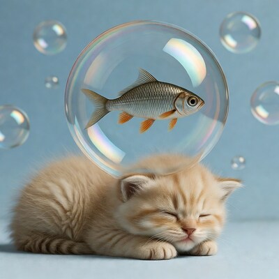 Sleeping Kitten with Fish in Bubble