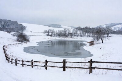 Frozen Pond in Snowy Landscape