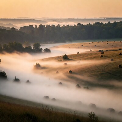 Hay bales in misty rolling hills