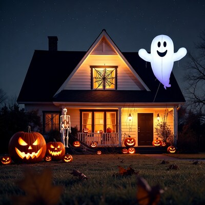 Halloween Decorated House at Night