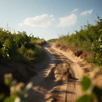 Dirt road through green bushes